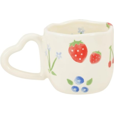 Keramisk kaffekrus, nyhedstryk med jordbær og blå blomsterkop med hjertehank, 300 ml til latte, te og mælk - Perfekt til