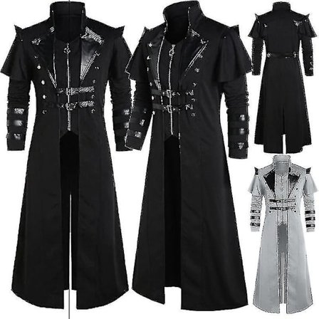 Vintage Halloween keskiaikainen Steampunk Assassin Elves Pirate Costume Aikuisten miesten musta pitkä splitti takki goottilainen panssari nahkatakit-