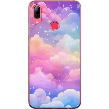 Kompatibel Mobilcover til Huawei Y7 (2019) Sød enhjørning med regnbuehår mod en stjerneklædt pastelbaggrund i kawaii-stil