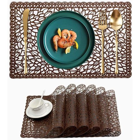 Plast Vattentäta Bordstabletter Set om 6 för Matbord Lätt att Torka Rengöra Tvättbara Vinyl PVC Kaffebordsunderlägg för Kök Brun