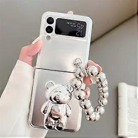 Pläterad 3D Glitter Björnstativfodral Kompatibelt med Samsung Galaxy Z Flip 4 Med Armband Metallöverdrag, Silver