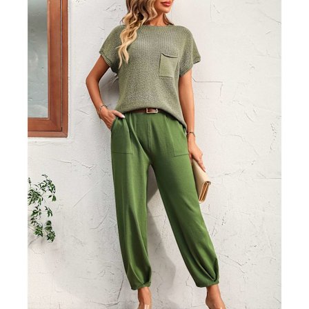 Dam Tvådelade Set Kortärmad Tröja Stickad Pullover Topp Avsmalnande Byxor Lounge Set Grön L