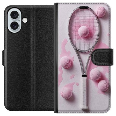Kompatibel Tegnebogsetui til Apple Apple iPhone 16 Plus Rosa glaskugler og tennisketsjer i et kreativt stillbillede med legende popfølelse og moderne