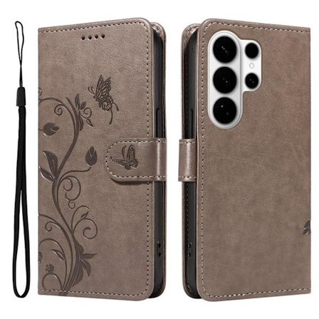 Samsung Galaxy S26 Ultra Plånboksfodral Konstläder Blommönster - Grå