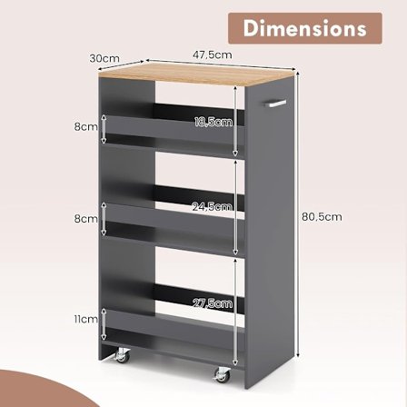 Ohut 4-tasoinen pyörillä varustettu keittiökärry kahvalla, harmaa