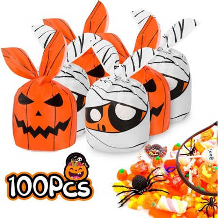 100 KPL Halloween Karkkipussit Halloween Juhlapussien Täytteet, Herkkukarkkipussit Karkki vai Kepponen Juhliin, Lahjapussit, 13 * 22cm