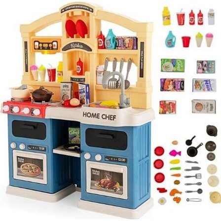 Køkken Børn COSTWAY 42 Tilbehør, Legetøjs Diner, Realistiske Lyd og Lys, Julegaver - Fødselsdagsgaver 3 År+ Blå