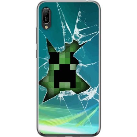 Huawei Y6 Pro (2019) Gennemsigtig cover Minecraft Creeper gennem knust glas med dramatisk eksplosionseffekt, hvor den ikoniske Creeper bryder igennem
