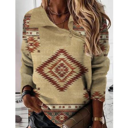 Damblommigt Print Lapel Pullover Color Block Casual Sweatshirt