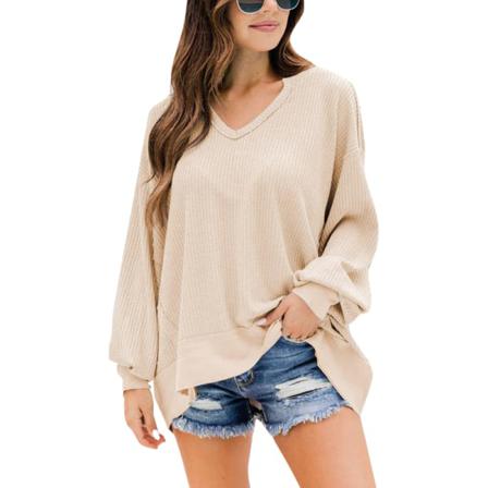 Dam V-hals Våffel T-shirt Enfärgad Lantern Sleeves Toppar