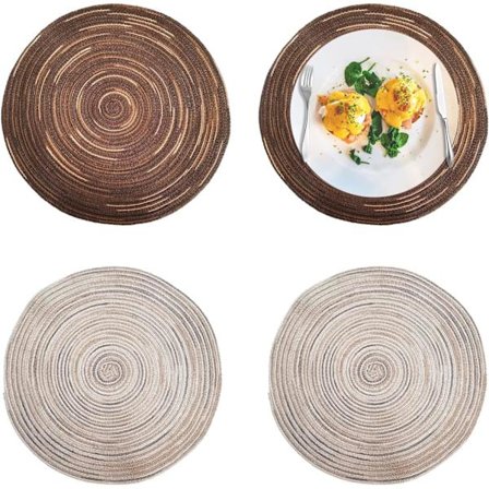4 stk. runde bomuldsdækkeservietter, runde bomuldsdækkeservietter til borde i flettet, skridsikker, varmebestandig, til spisebord, bar, stue (
