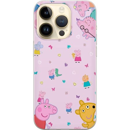 Kompatibelt Mobildeksel til Apple iPhone 14 Pro Peppa Gris med en baby i armene, mamma gris motiv i fargerik og myk barneillustrasjon med hjerter