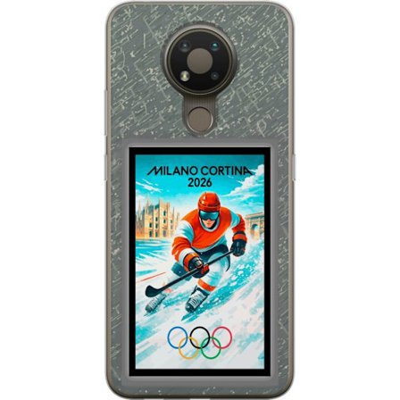 Yhteensopiva Puhelinkuori Nokia 3.4 Curlingkuvitus pelaajilla ja kivillä jäällä, Milano Cortina 2026, lumisia roiskeita ja olympiasormukset