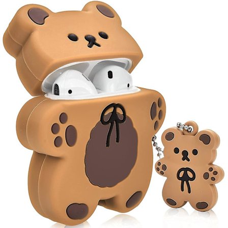 Sødt Airpods-etui med bjørnenøglering Tegneserie Biscuit Bear Design Fuld beskyttende silikonecover mørkebrun