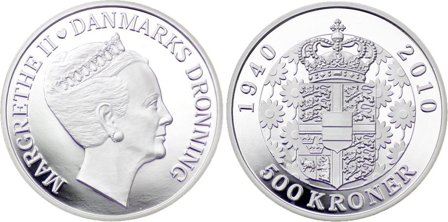 Danmark 2010 - Dronning Margrethe II 70 år - 500 kr. sølvmønt