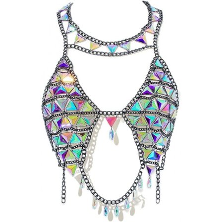 Boho Body Chain Bra Sølv Sexy Rhinestone Bikini Bra Body Halter Ryggløs Paljetter Chain Bra Strand Body (Topp)