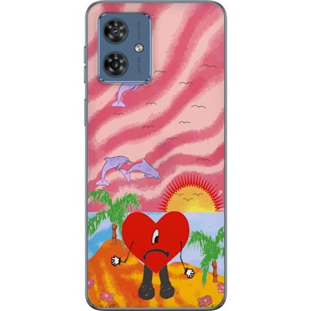 Kompatibelt Mobildeksel til Motorola Moto G54 Bad Bunny i en fargerik quiltet jakke med hjertemønster og solbriller i moderne gatestil