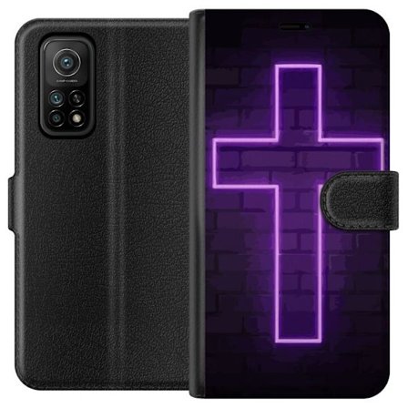 Kompatibel Tegnebogsetui til Xiaomi Xiaomi Mi 10T Pro 5G Neonkors i lilla lys mod mørk murvæg, symbolsk motiv med stærk glød moderne æstetik og d