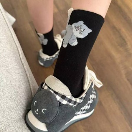 Par Sort;Størrelse:One Size-Dame Mid-Calf Sokker med Sjovt Kattemønster, 1 Par, Komfortabel og Blød Polyester 3D Print, Casual Sokker til Alle 