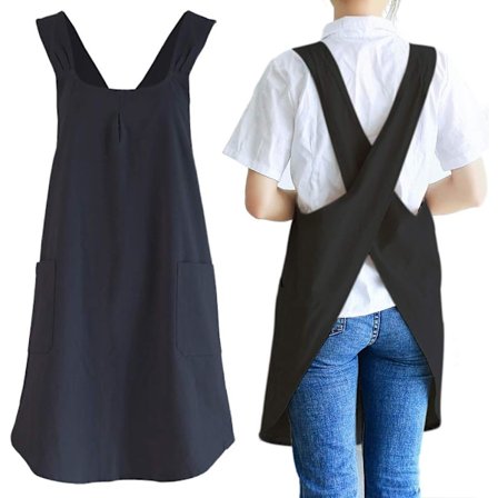 Japanske hørforklæder med krydsryg til madlavning i køkkenet til kvinder med lommer Søde til bagning, maling, havearbejde, rengøring Sort