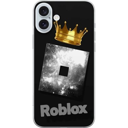 Kompatibelt Mobildeksel til Apple Apple iPhone 16 Plus Minimalistisk svart og sølvfarget Roblox-symbol med gylden krone og luksuriøs gamer-estetikk