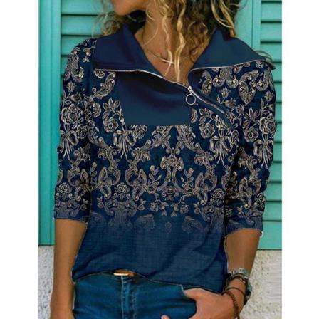 Damblommigt Print Lapel Pullover Color Block Casual Sweatshirt