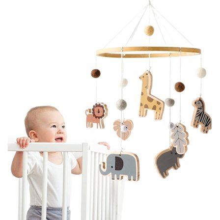 Promise Babe Babymobil med Dyreklokker med Filtkuler Giraff Løve Elefant Zebra Mobil Babyrom Tre Heklet Mobil Nyfødt Gutt Jente Flodhest Blad