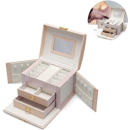 Smykkeboks, håndlaget smykkeorganisator i kunstskinn, smykkeboks arrangør displayetui vintage gaveoppbevaringsboks for kvinner, rosa