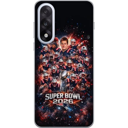 Yhteensopiva Puhelinkuori OnePlus Nord 5 Super Bowl 2026 juliste, jossa New England Patriots ja NFL-mestaruuspalkinto räjähtävän urheilullisessa suunn
