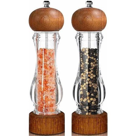 Manuelt Peber- og Saltkværnsæt - 2 Trækværne med Justerbar Keramisk Kværn, Akrylstrøer