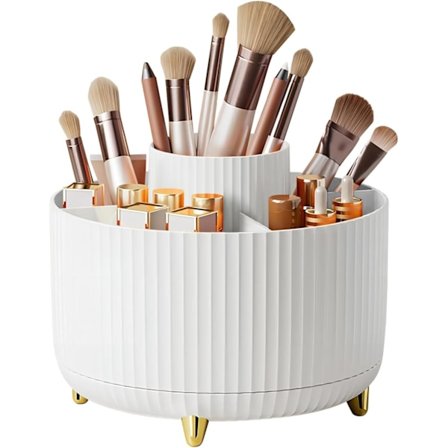 Makeup børsteholder med stor kapacitet, 360° roterende makeup organizer, makeup børstekop med fem rum