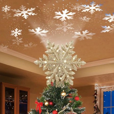 Christmas Tree Star with Lights and Golden Snowflake Projector, LED Rotating Magic Snowflake, 3D Hollow Glittering Golden Christmas Tree Topper
