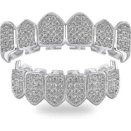 Diamantgriller for tenner Kvinner 18K gullbelagt fullt islagt CZ Vampyr Topp og Bunn Ansikt Munn Menn med Ekstra Støpestenger Cosplay Kostymer