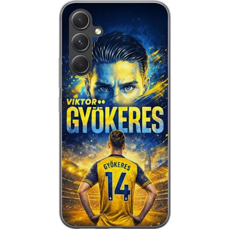 Kompatibelt Mobildeksel til Samsung Samsung Galaxy S24 Viktor Gyökeres fotballplakat i gult og blått med dramatisk stadionbakgrunn, sportillustrasjo