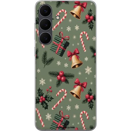 Samsung Galaxy S25 FE Gennemsigtig cover Julemotiv med slikkepinde, ure, gaver og snefnug festligt mønsterdesign perfekt til juledekoration og gaveid