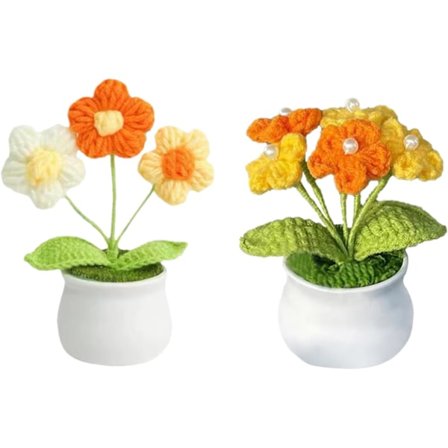 2 Pak Hæklede Potteplanter Strikkede Hæklede Blomster Små Strikkede Blomster i Potte med Plastik Blomsterpotte Hæklet Blomst
