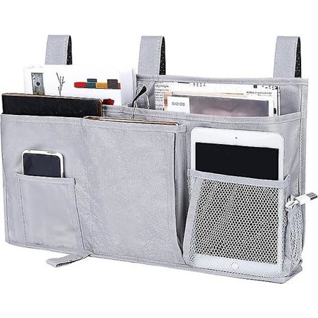 Grå Opbevaringspose til Seng til Hængende Organiser, Oxfordstof Sengeside Opbevaringslomme til Telefon, Bog, Ma