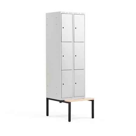 Kleiderspind CLASSIC mit Sitzbank, 2 Module/3 Türen, 2120 x 600 x 550 mm, grau