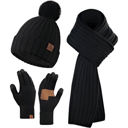 Vinterhue, Halsklæde og Handsker Sæt til Kvinder - Strikket Pom Pom Hue, Langt Halsklæde, Touchscreen Handsker