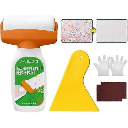 Väggreparationsrollerborste, 500g Snabbtorkande Vit Väggfärg med Skrapa, Sandpapper & Handskar, Väggreparationskit för Graffiti Repor Fläckar
