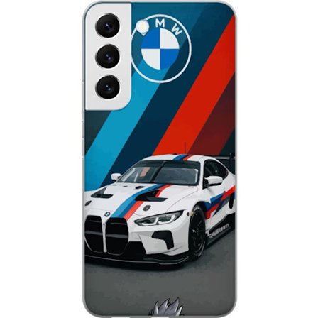 Kompatibelt Mobilskal till Samsung Samsung Galaxy S22 5G BMW M Sport design med vit racingbil och klassiska M ränder exklusivt bilmotiv perfekt för