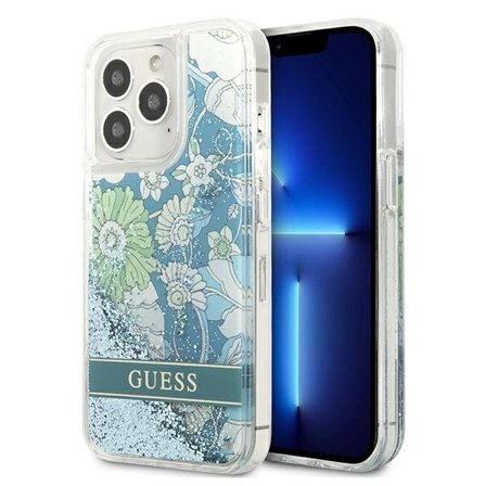 Guess GUHCP13LLFLSN iPhone 13 Pro / 13 6,1" grön/grönt hårdplastfodral Blomma Flytande Glitter