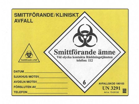 Etikett ''UN3291'' gul 100/fp - Lyreco - Sjukvård och omsorg > Inredning > Riskavfallshantering
