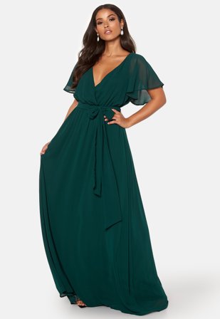 Goddiva - Flutter Chiffon Dress - Dark Green - Kläder - - Bubbleroom