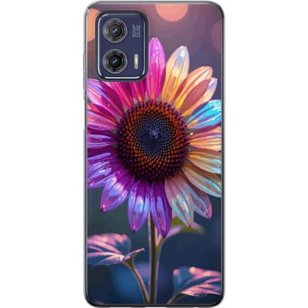 Kompatibelt Mobildeksel til Motorola Moto G73 Irideserende blomst med glitrende kronblad i rosa lilla og gull mot myk bokeh bakgrunn