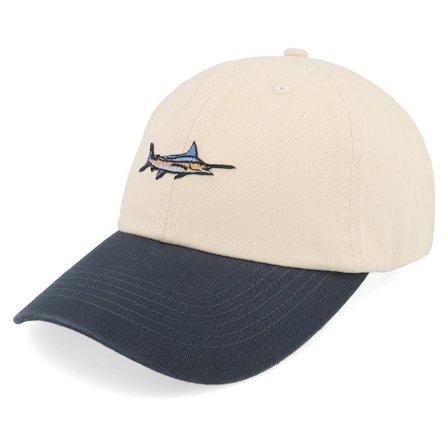 Skillfish - Beige unconstructed Casquette - Tiny Blue Marlin Stone Washed Stone/Navy Dad Cap @ Hatstore