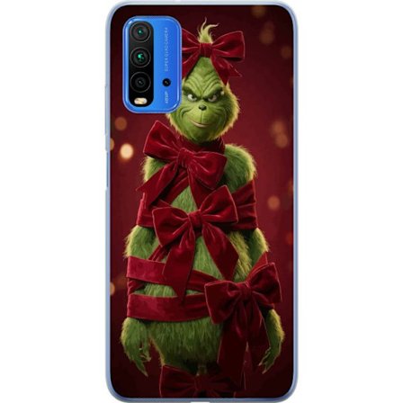 Yhteensopiva Puhelinkuori Xiaomi Xiaomi Redmi Note 9 4G Grinchi-hahmo koristeltu punaisilla samettinauhoilla juhlavassa studiossa, leikkisällä ja hu