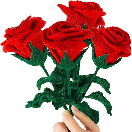 4 stk. Heklet Rose Blomst Håndlaget Morsdag Røde Roser Heklet Blomsterbukett Bursdag for Kone Kjæreste og Kvinner Jubileum Graduation Bryllup