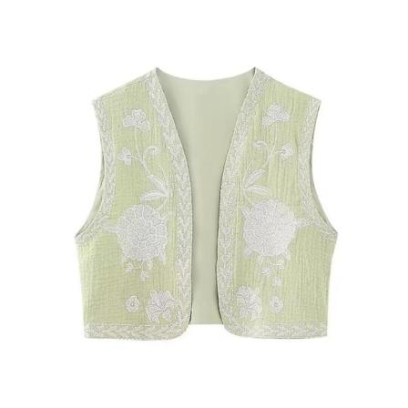 Kvinnor Vintage Blommor Broderad Öppen väst Dam National Style Väst Jacka Outfits Casual Vacation Crop Top Style-4 S