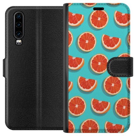 Kompatibelt Lommeboketui til Huawei P30 Illustrert mønster med gjentatte grapefrukt skiver mot en turkis bakgrunn